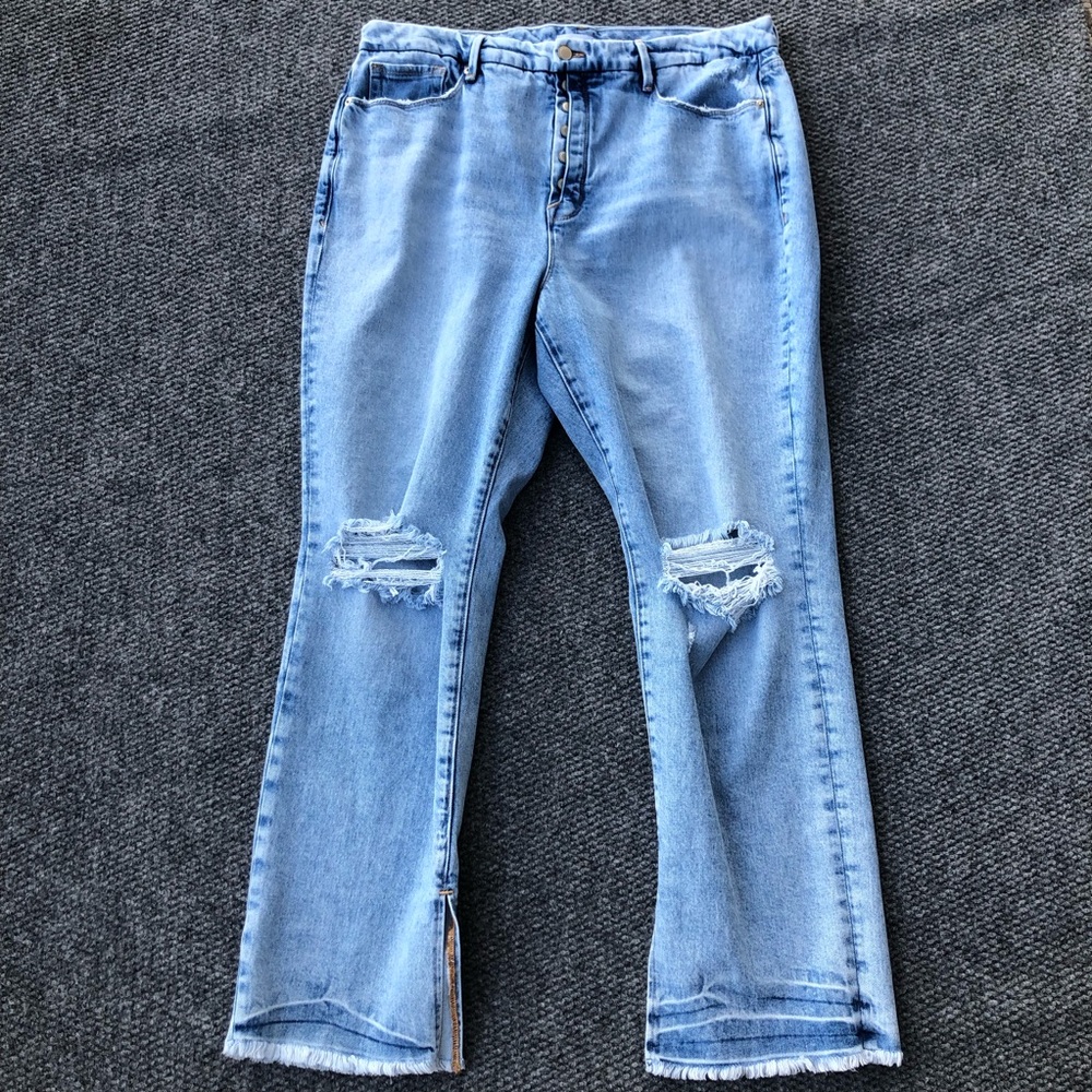 Good American good boy jeans distressed side slits high rise button fly jeans 18